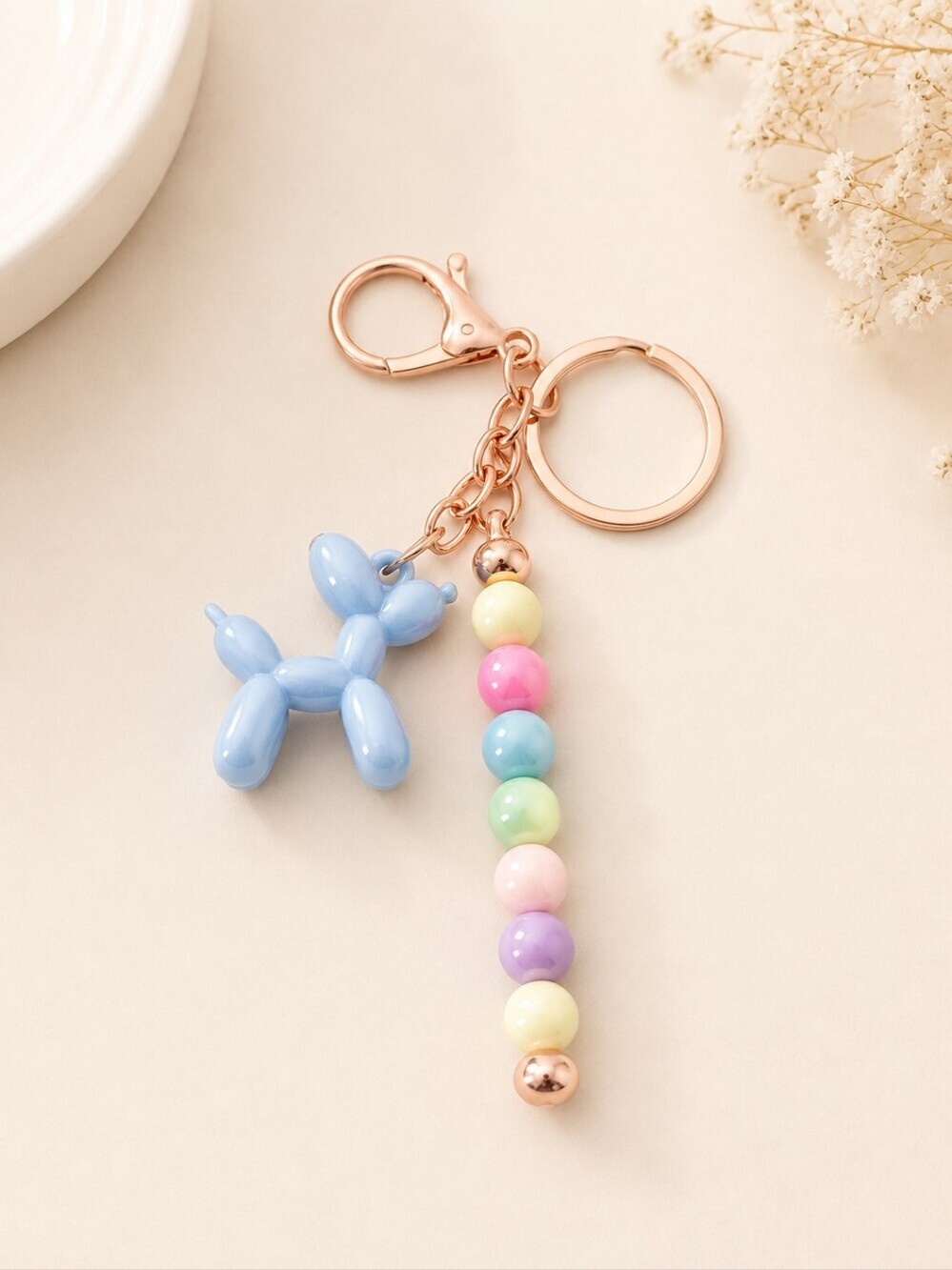 Pastel Balloon Dog Keychain | Cute Beaded Purse Charm | Rose Gold Key Ring